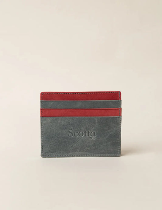 Tarjetero de piel verde y burdeos