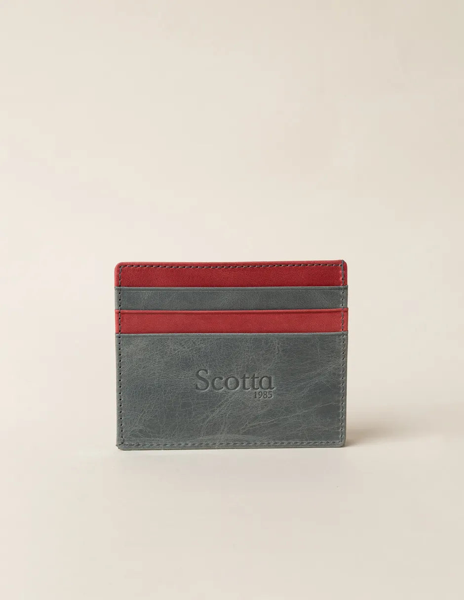 Tarjetero de piel verde y burdeos