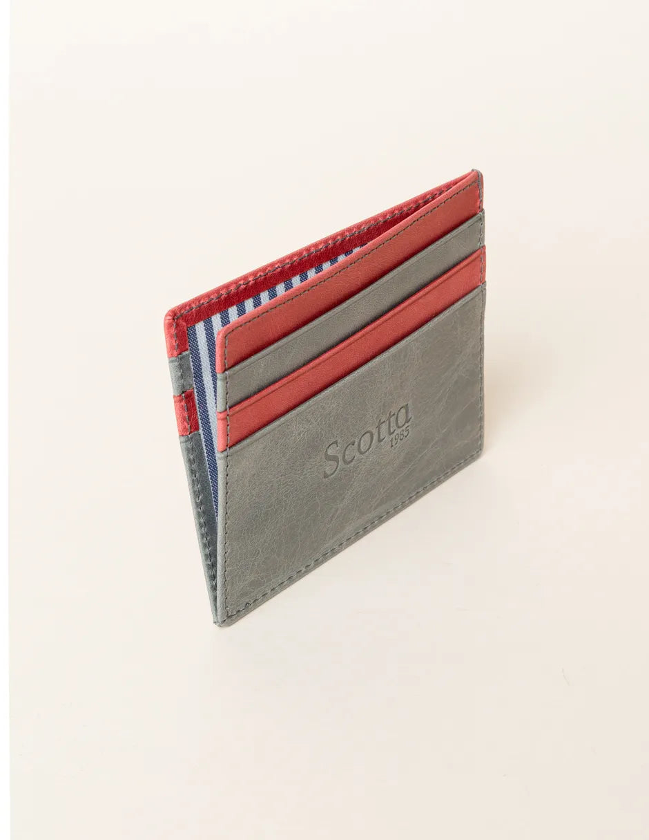 Tarjetero de piel verde y burdeos