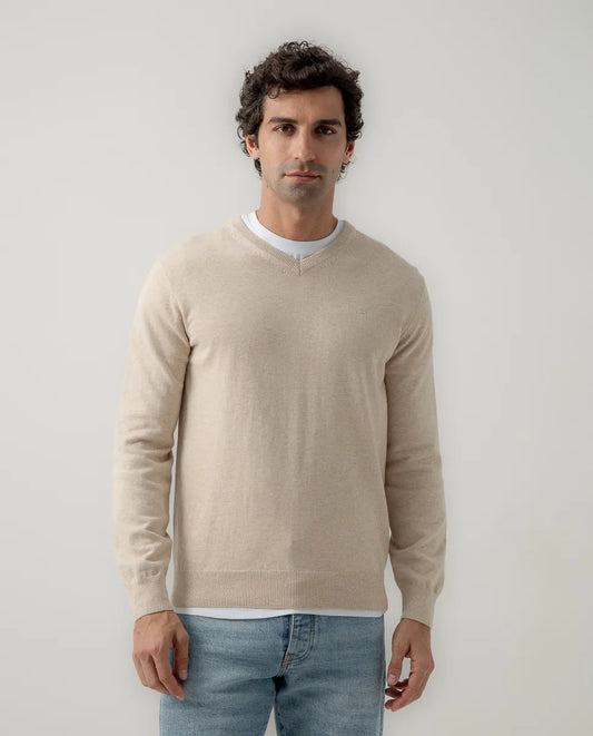 Jersey Classic V Neck Cotton Beige | SCOTTA