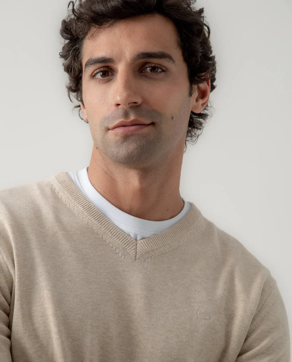 Jersey Classic V Neck Cotton Beige | SCOTTA