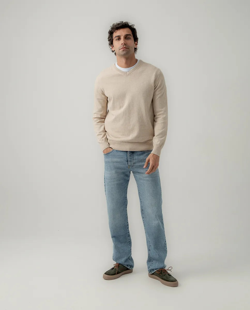 Jersey Classic V Neck Cotton Beige | SCOTTA