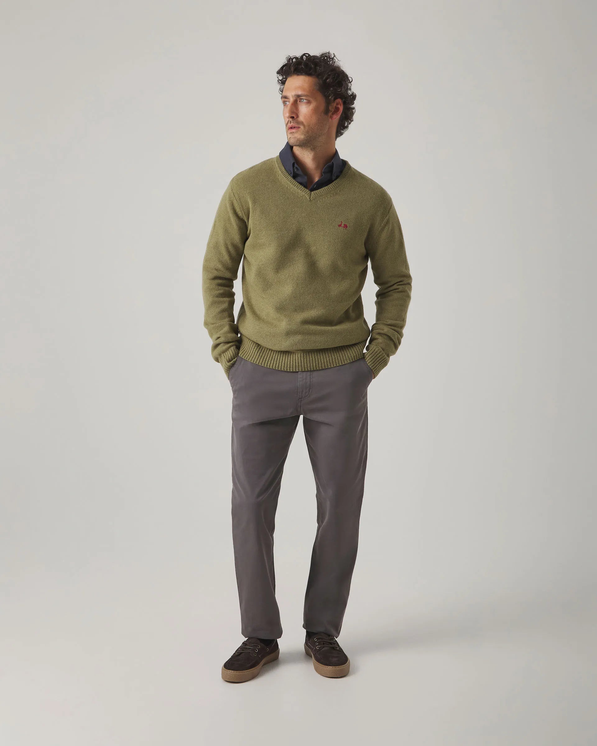 Jersey V Neck Wool Khaki