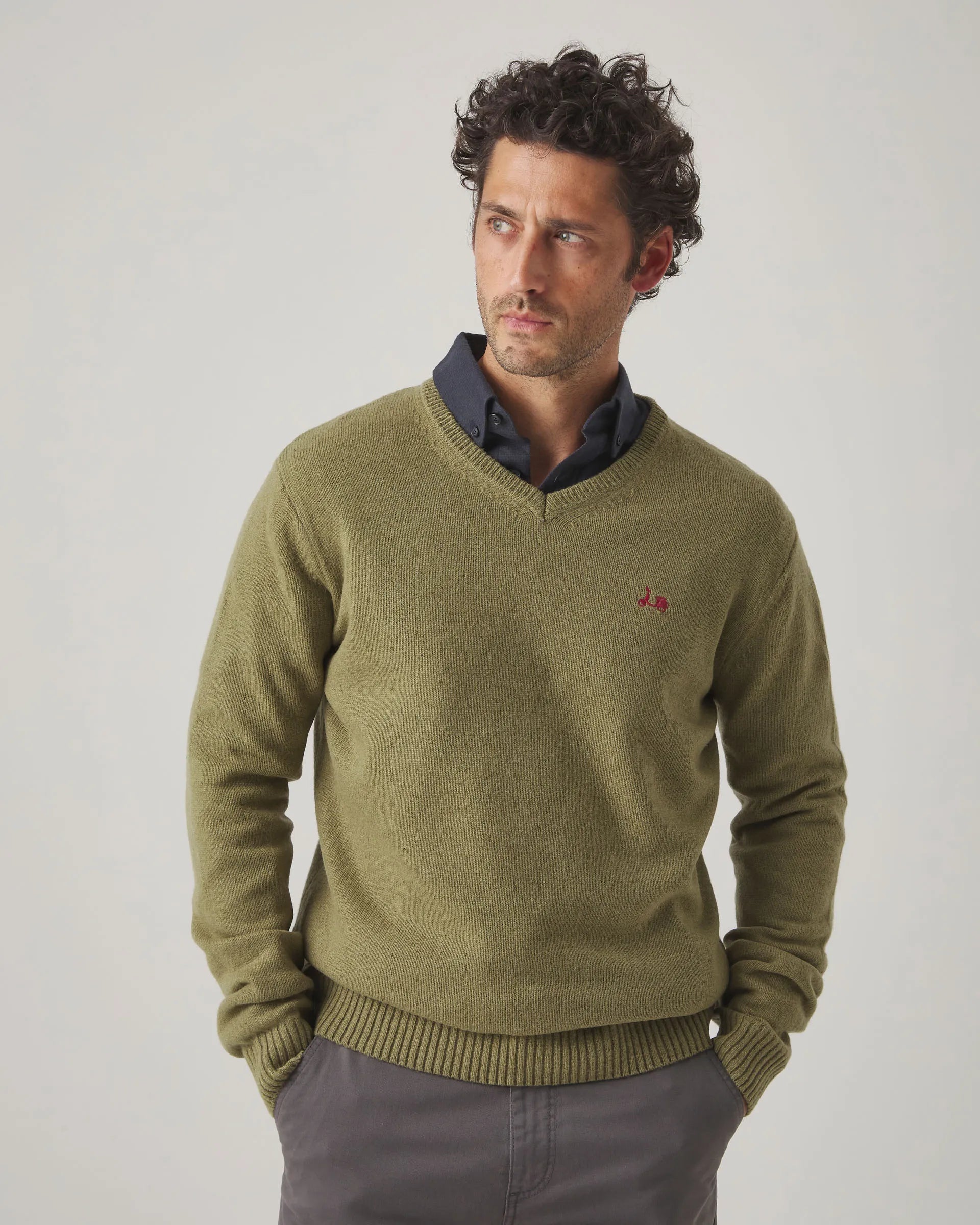 Jersey V Neck Wool Khaki