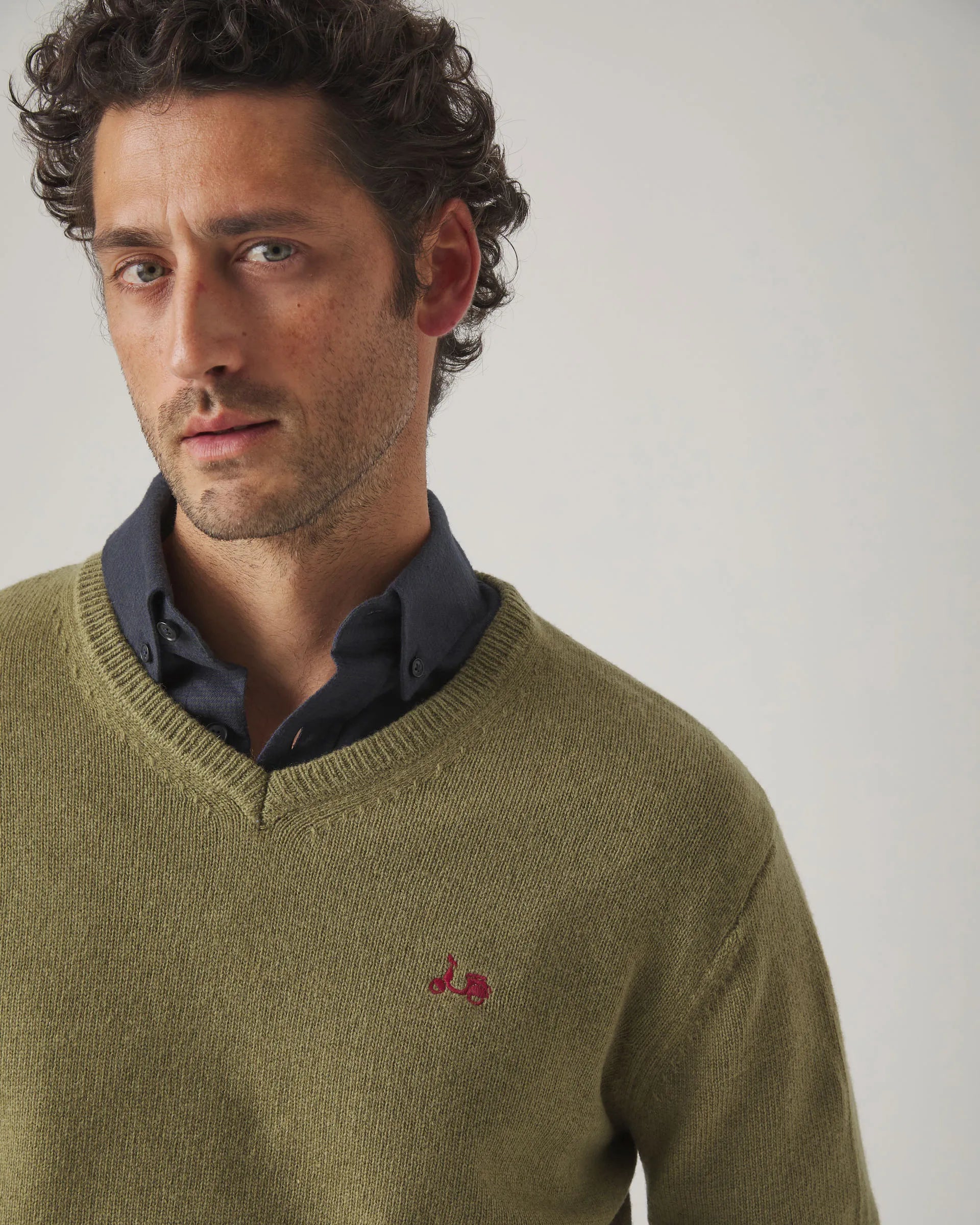 Jersey V Neck Wool Khaki