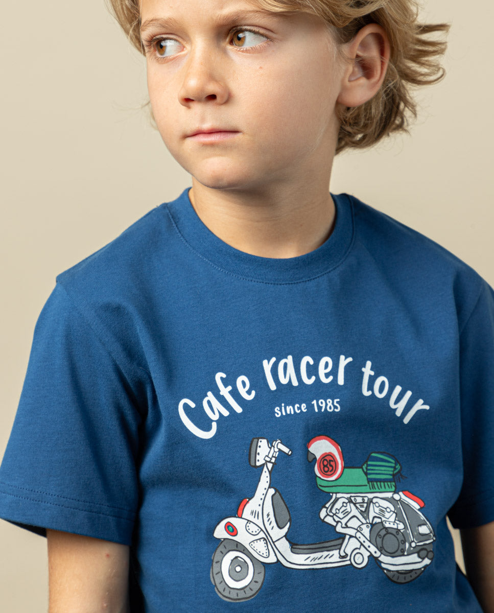 Camiseta infantil azul marinho para passeio de moto