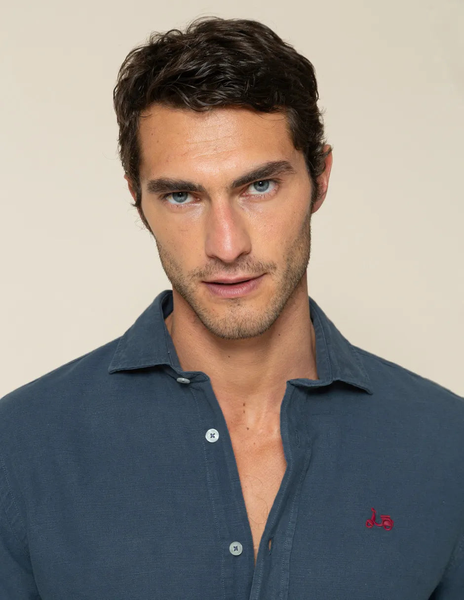 Camisa de hombre lino azul marino