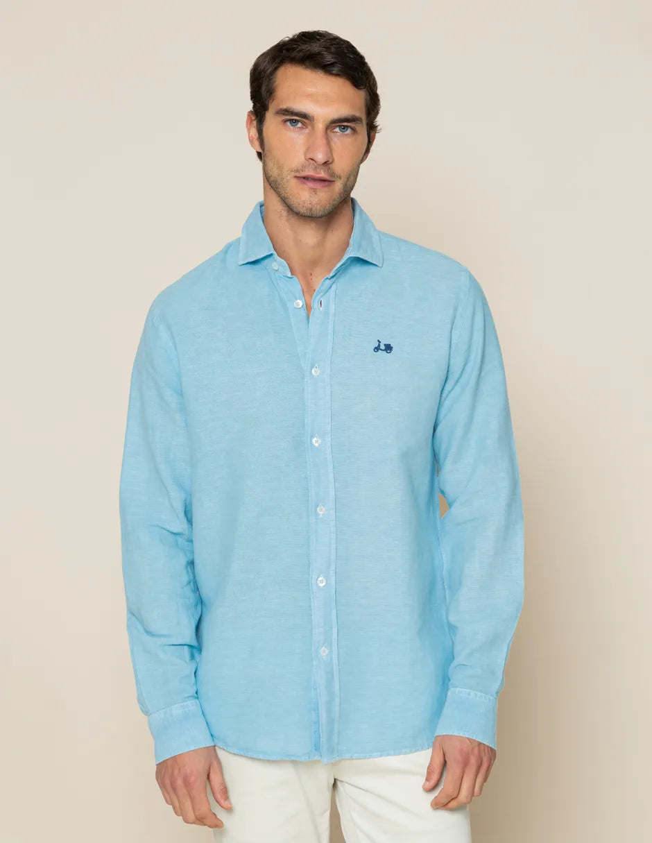 Camisa de hombre azul lino