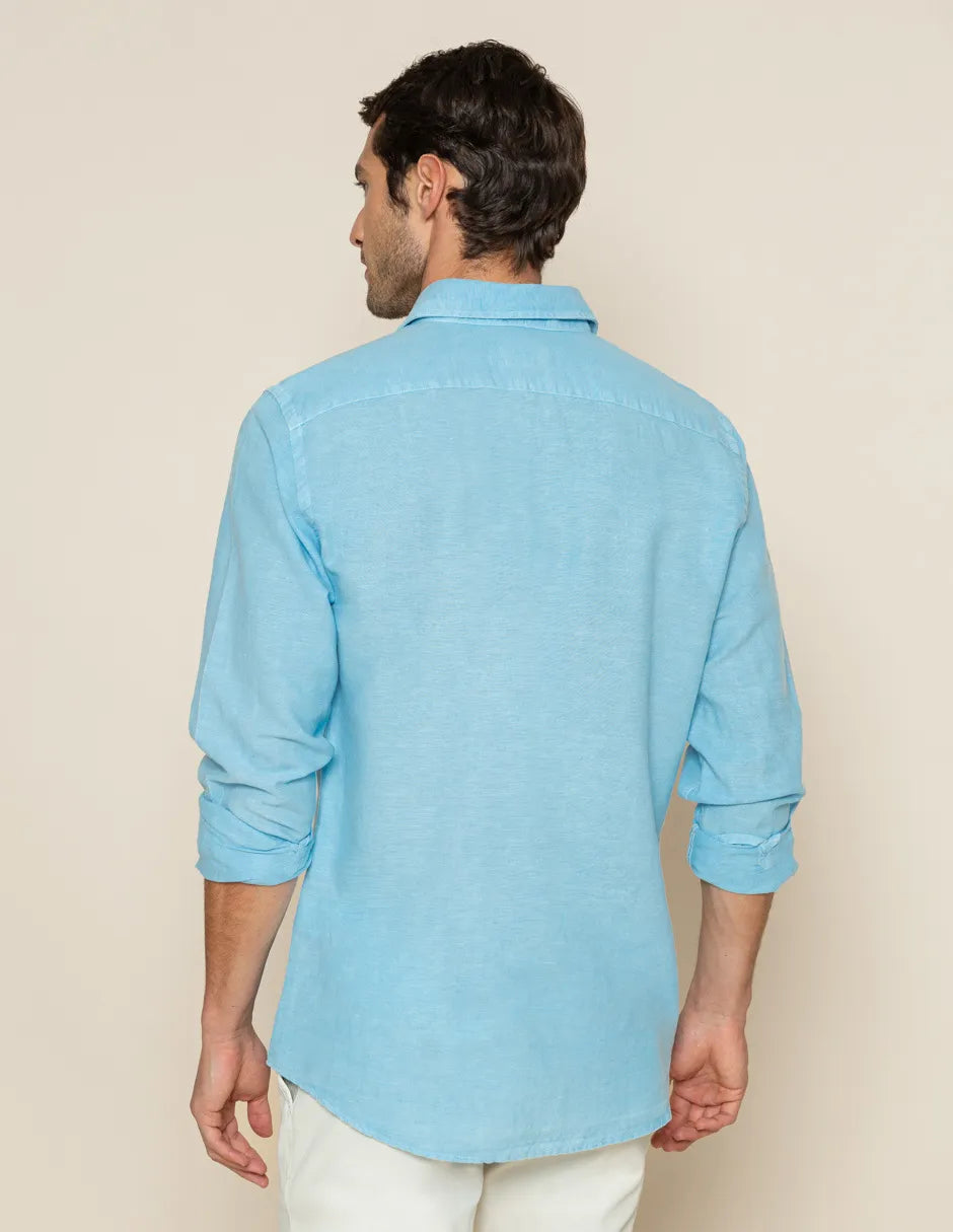 Camisa de hombre azul lino