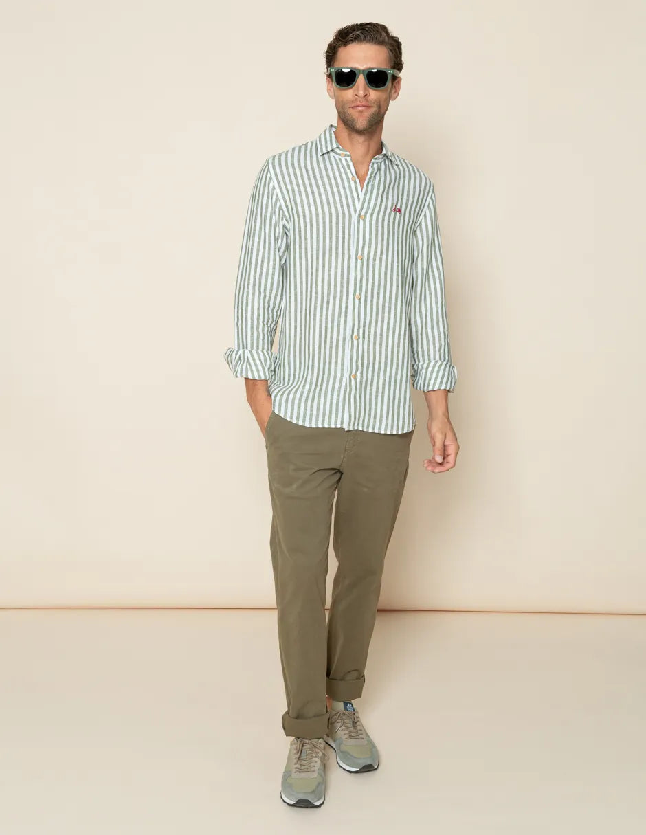 Camisa de lino de rayas verde