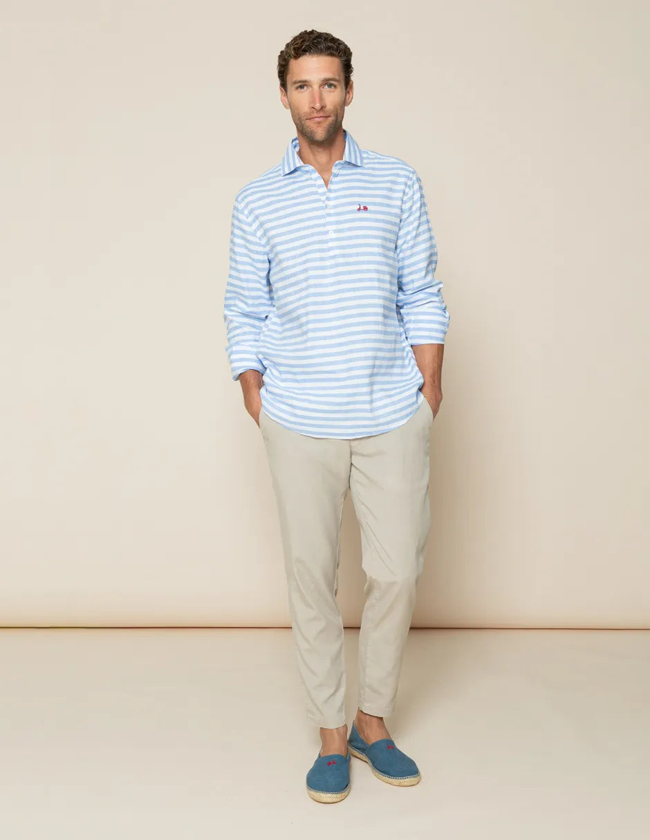 Camisa polera rayas azul de lino