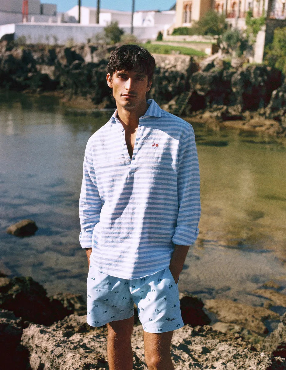 Camisa polera rayas azul de lino