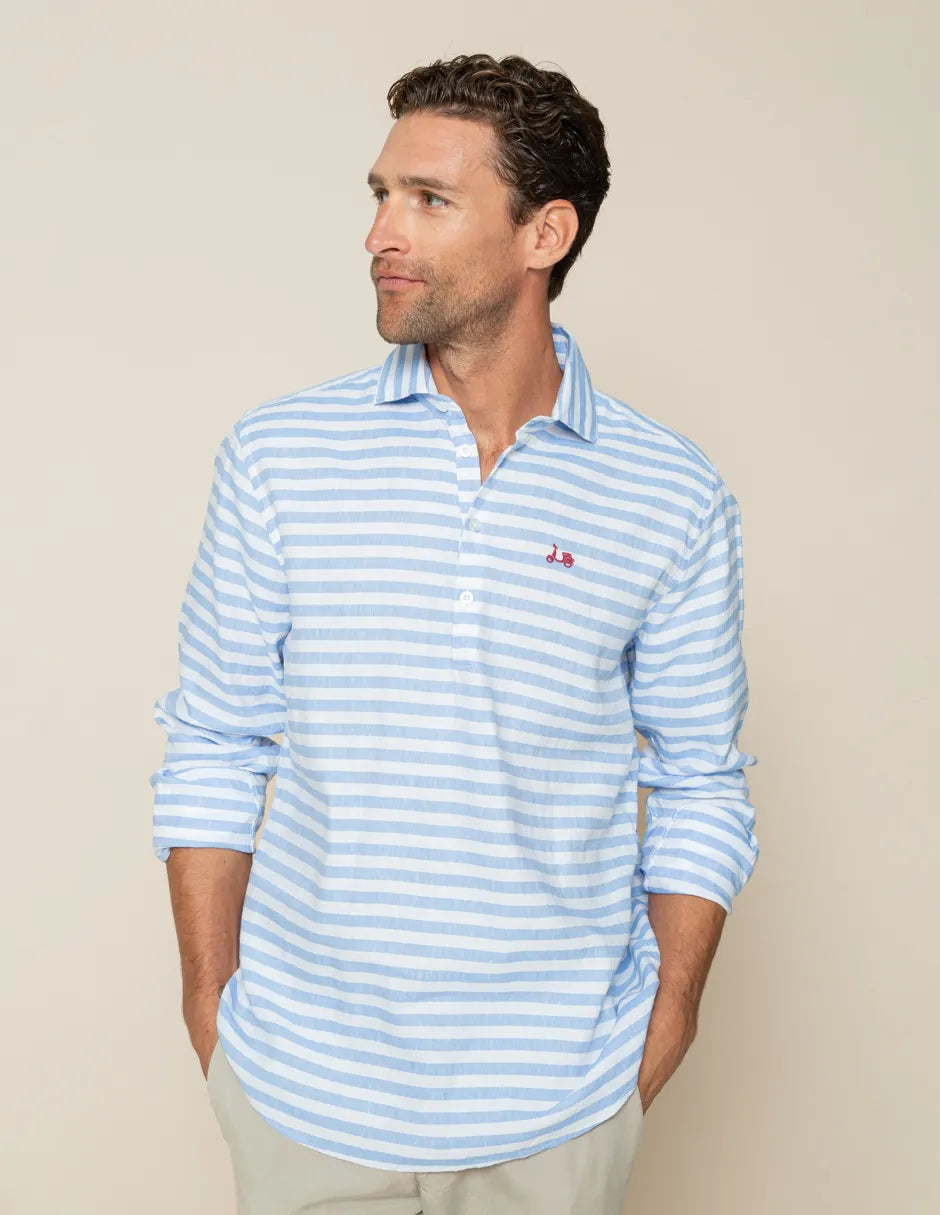 Camisa polera rayas azul de lino