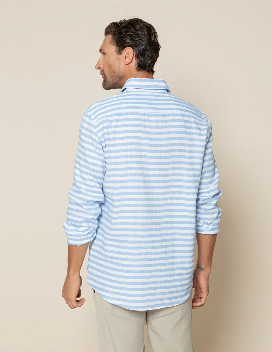 Camisa polera rayas azul de lino