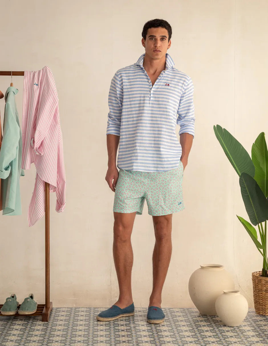 Camisa polera rayas azul de lino