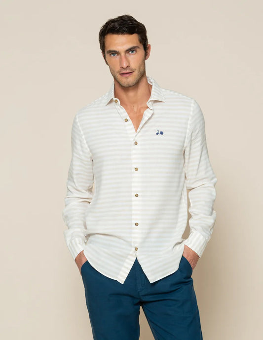Camisa de rayas beige con logo