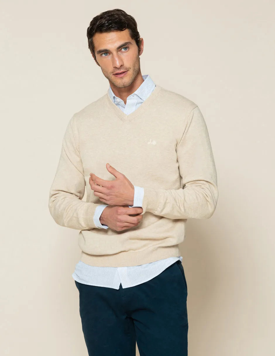 Jersey classic v neck cotton beige