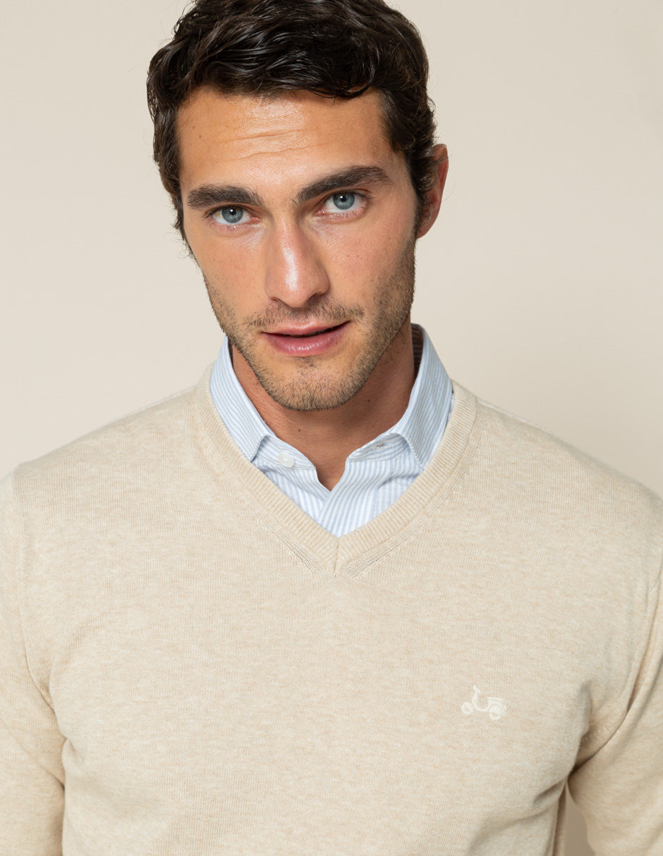 Jersey classic v neck cotton beige