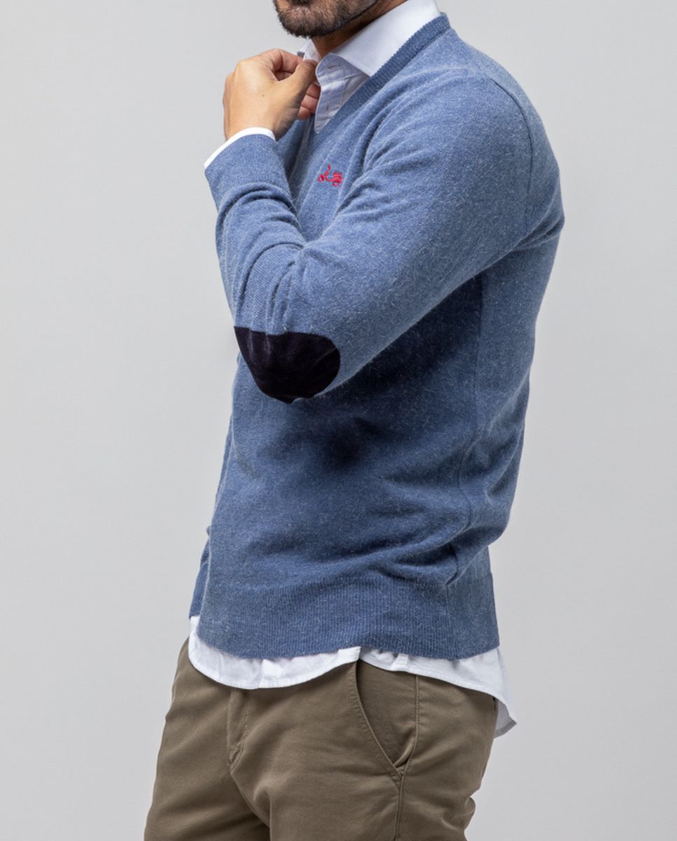 Suéter jeans angorá de malha com decote em V