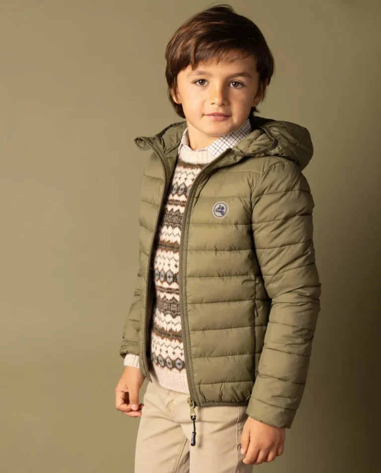 Jaqueta infantil acolchoada com capuz cáqui