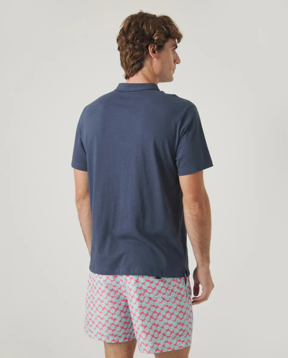 Polo para hombre azul marino en mezcla de lino y algodón