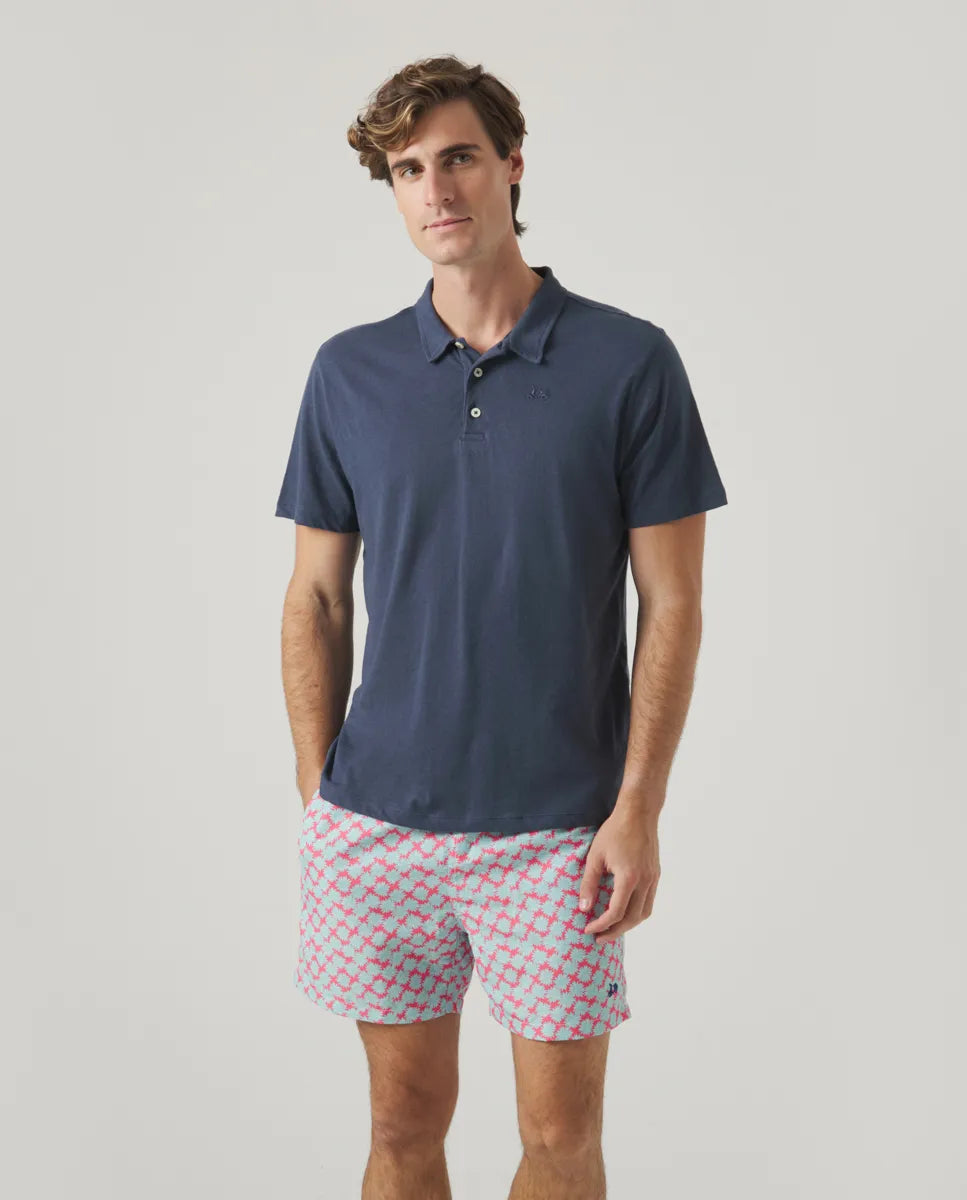 Polo para hombre azul marino en mezcla de lino y algodón