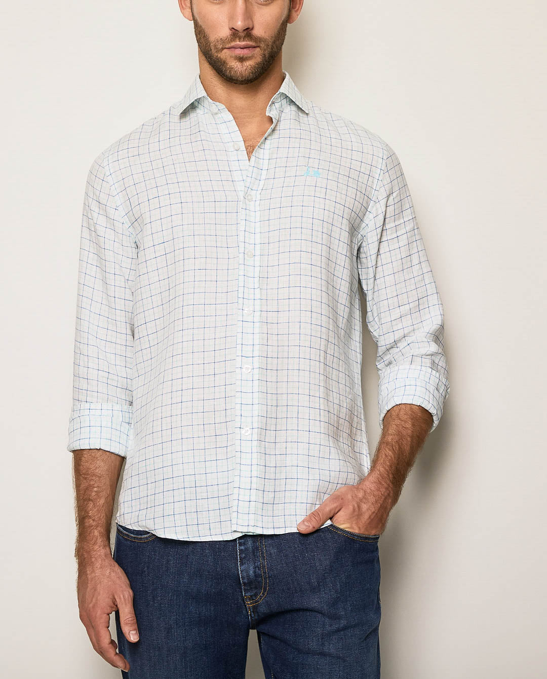 Camisa cuadro lino azul